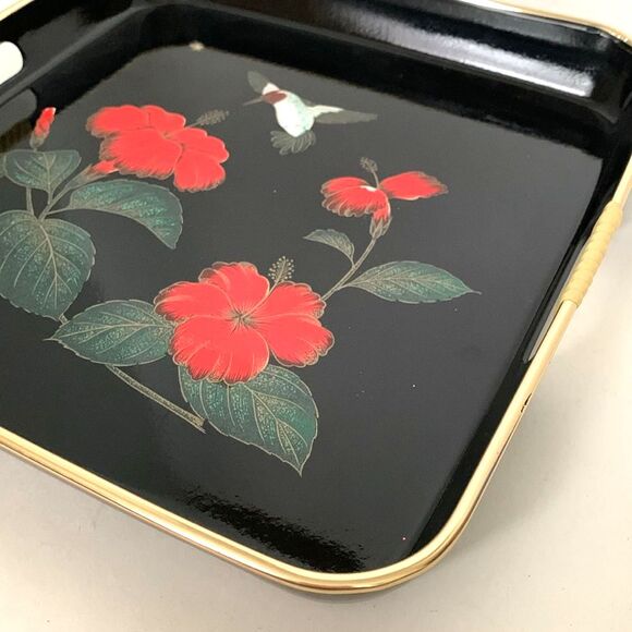 Vintage Black Lacquerware Style Hummingbird Red Hibiscus Plastic Serving Tray - Picture 5 of 9